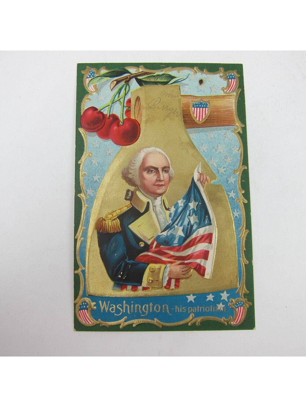 Postcard George Washington Hatchett Cherries Flag Patriotic Embossed Antique